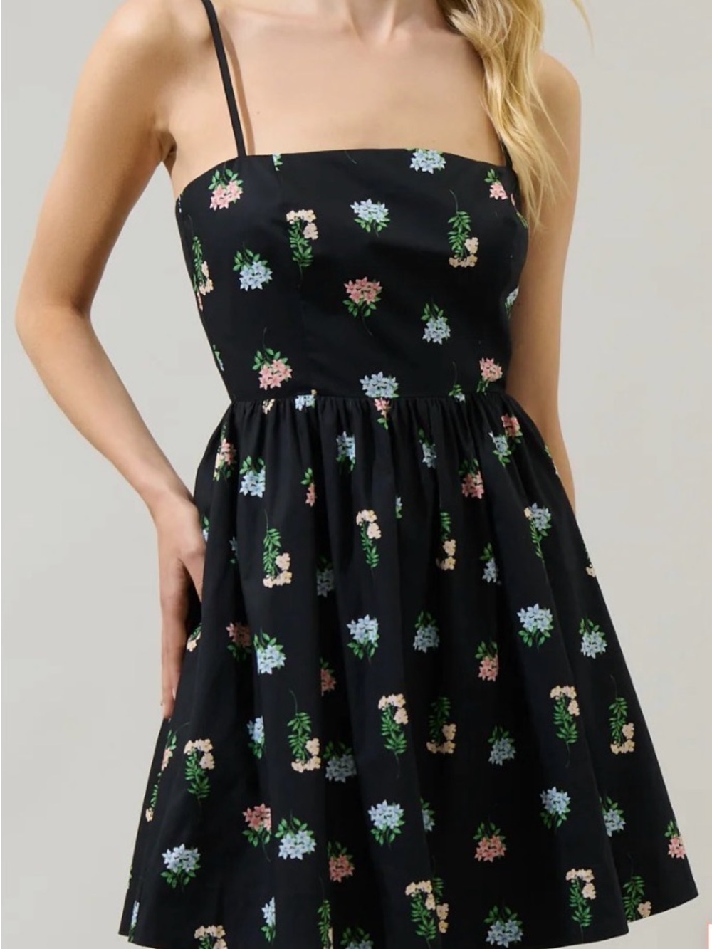 Sugarlips Black Floral Square-Neck Mini Dress with Spaghetti Straps